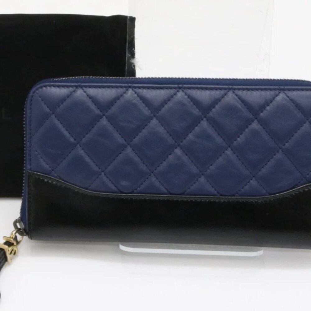 Chanel Aged Calfskin Quilted Gabrielle Zip Around Long Wallet - Blue/Black